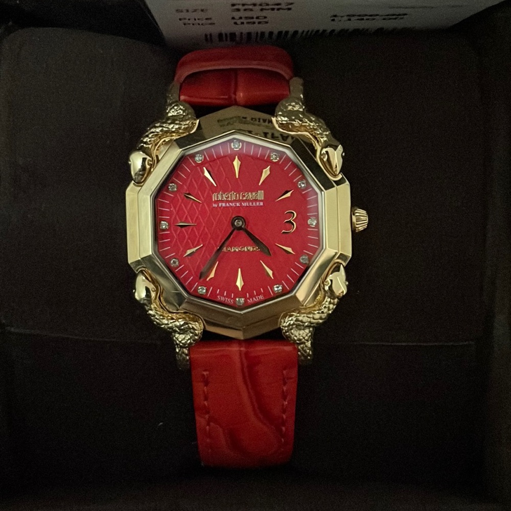 (SOLD !! Via diff website !! Roberto cavalli red crocodile diamond watch